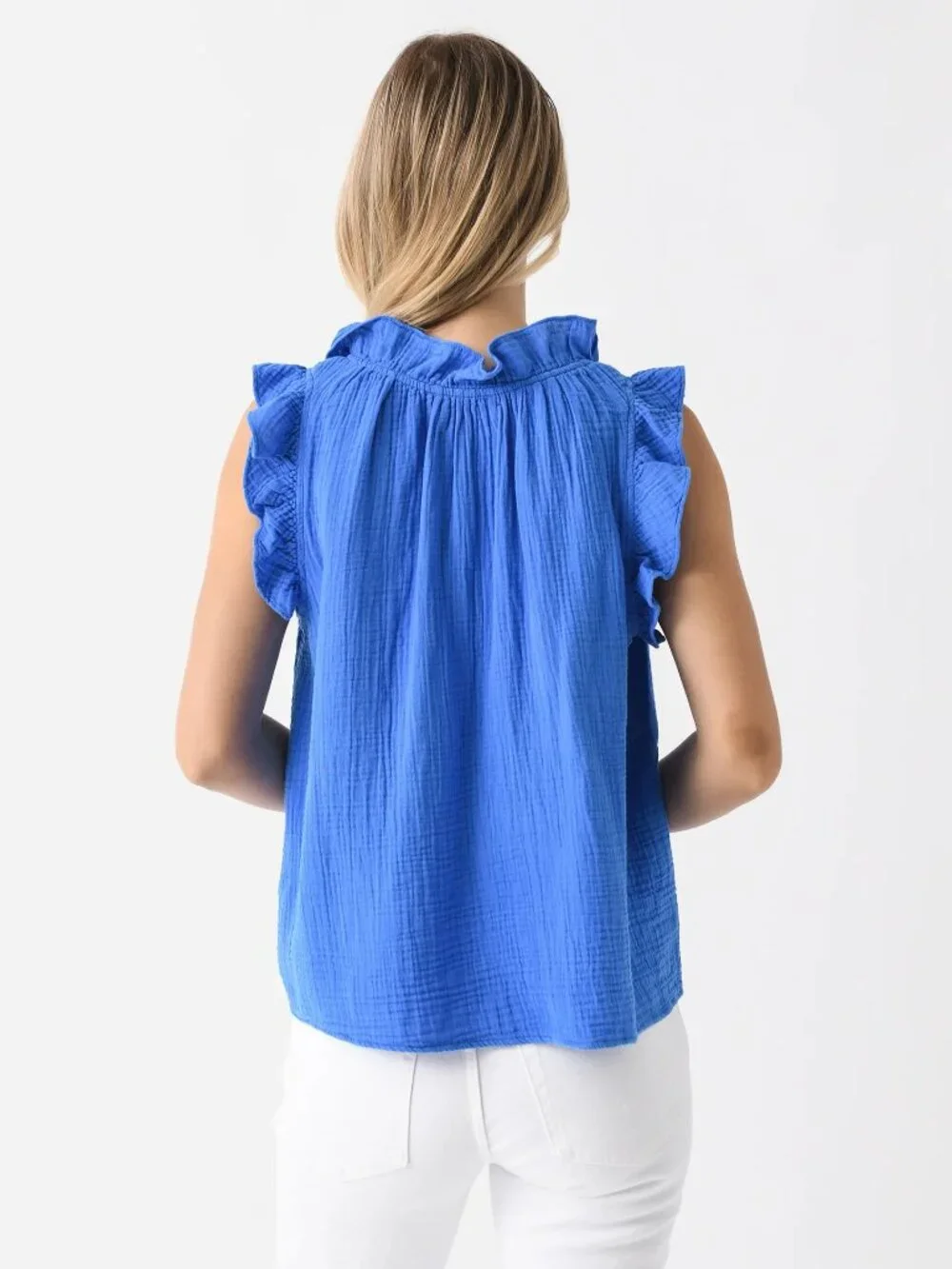 Xirena 100% Cotton Poplin Ruffle Trim V-Neck Tank Top Gauzy in Nautical Blue S - Picture 2 of 11